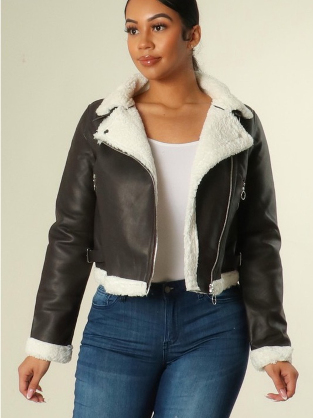 Women's Dark Brown Faux Leather Sherpa Jacket J-91008